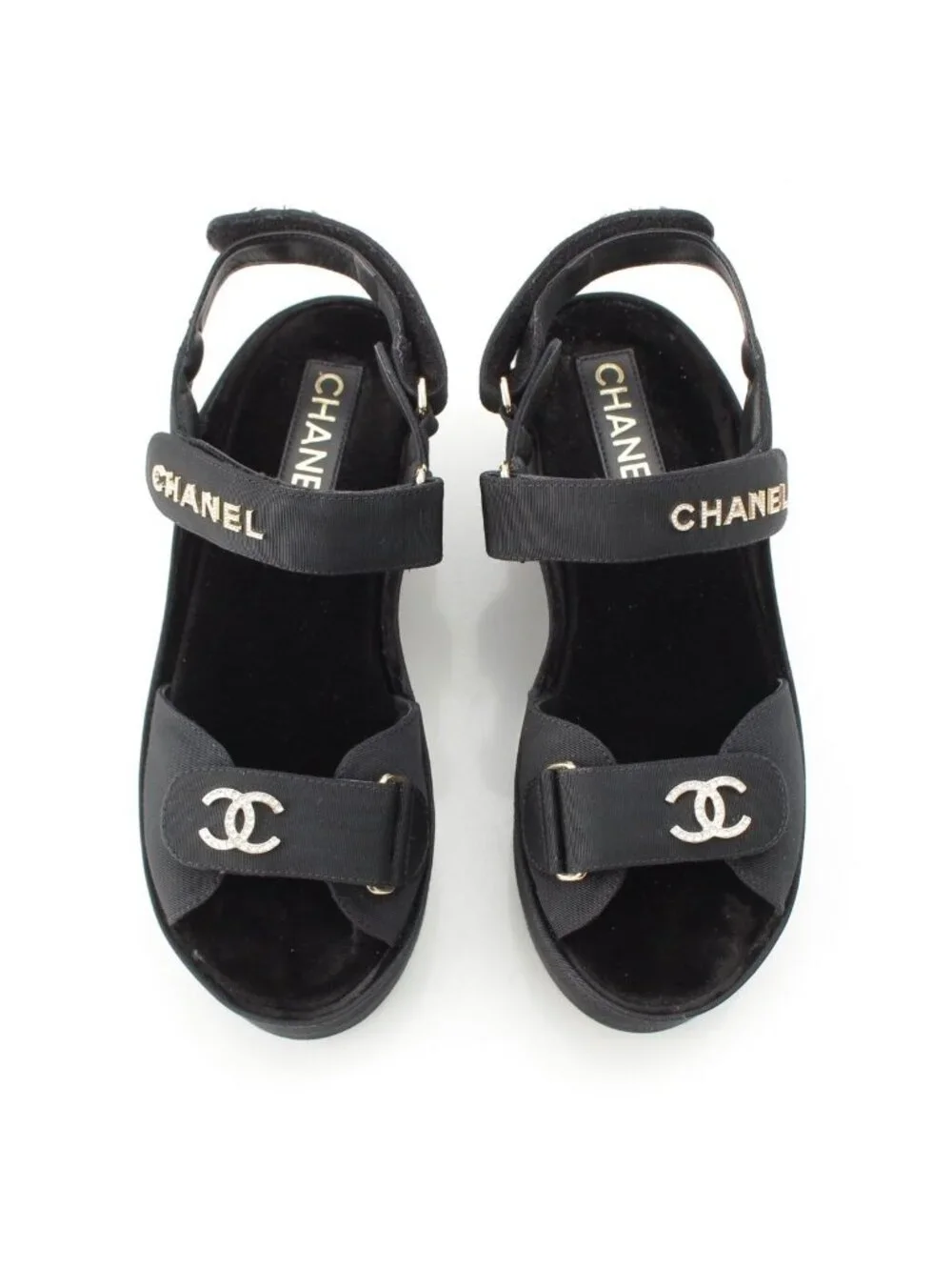 Chanel Rhinestone CC Logo Velcro Sandals Shoes Black 38C